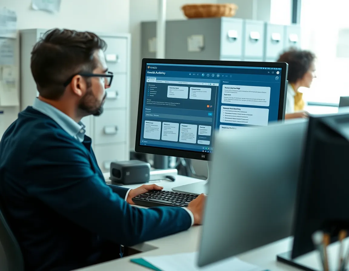 Records administrator at a desktop reviewing a digital document workflow and electronic form routing screen in a housing authority office