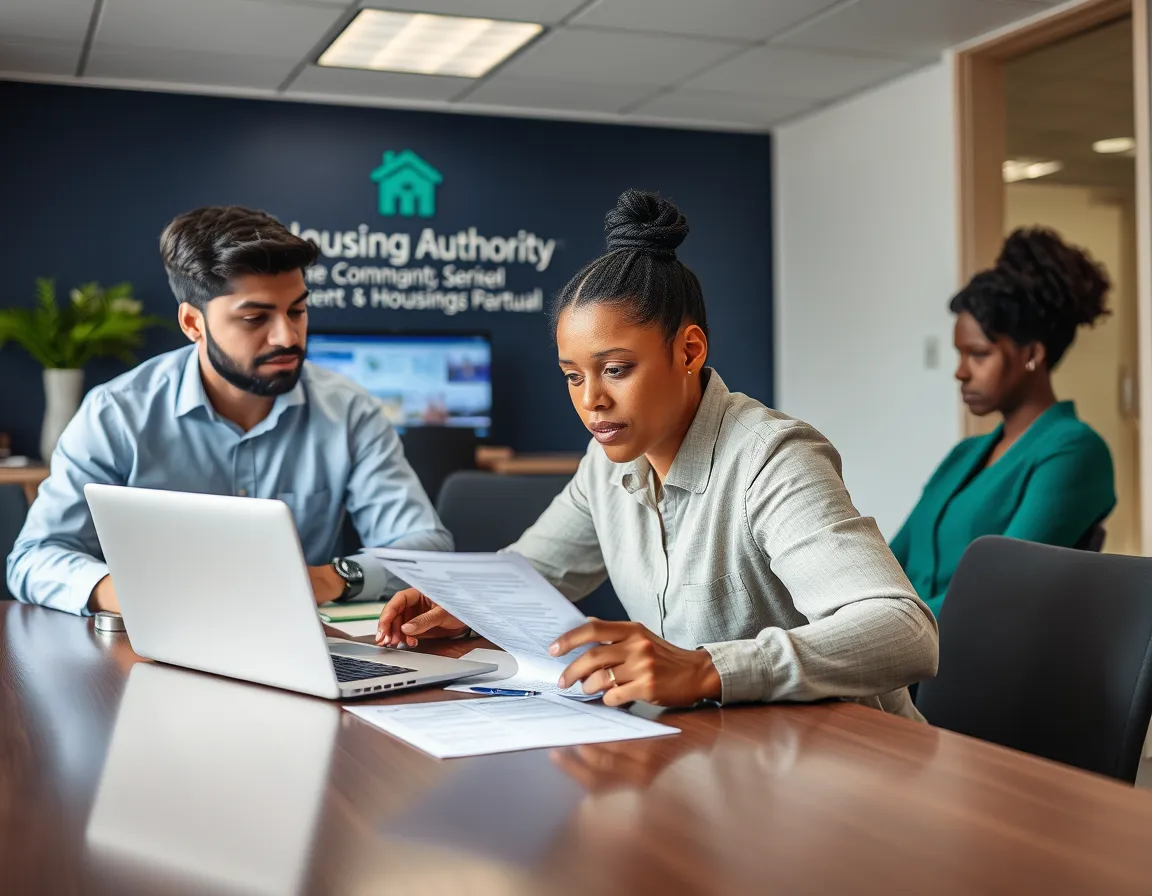 Procurement officer reviewing a vendor contract document alongside a laptop at a conference table with a colleague nearby