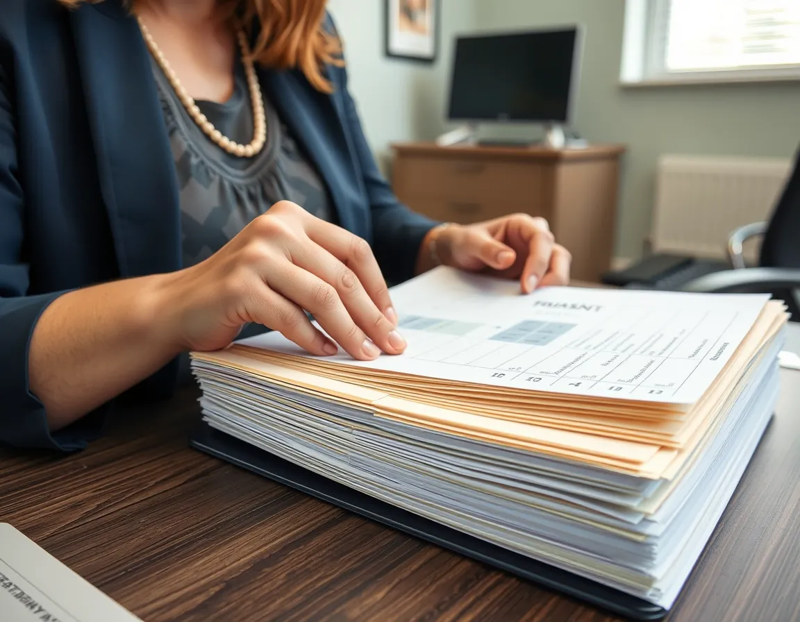 Case worker organizing a tenant file folder with printed intake documents and labeled tabs on a desk in a housing authority office