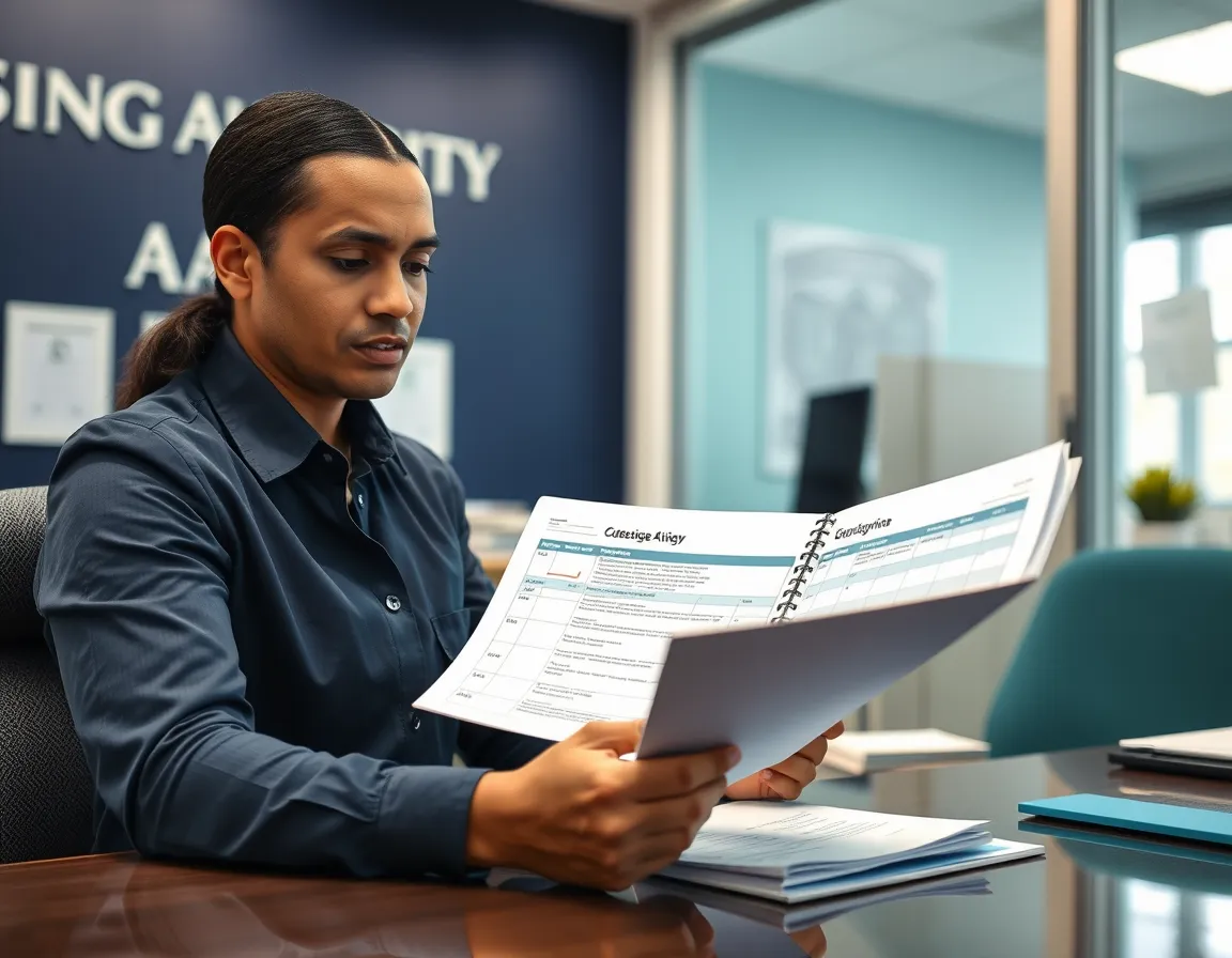 Compliance officer reviewing a printed inspection checklist and a calendar deadline planner at a desk in a housing authority office