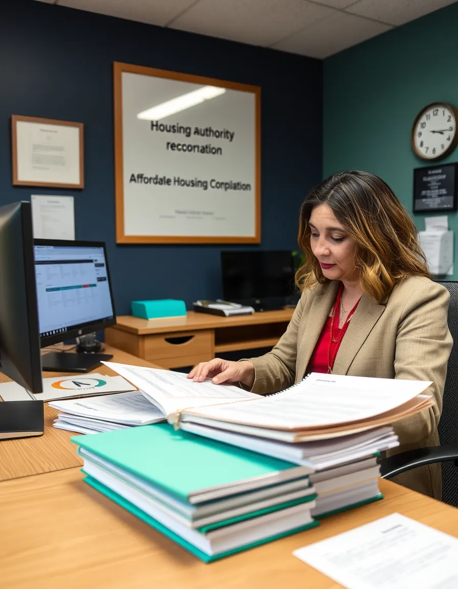 Affordable housing compliance coordinator reviewing tenant recertification paperwork at a desk with organized folders