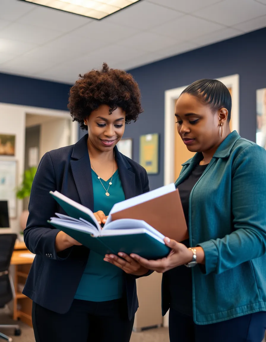 Community housing organization case manager and colleague reviewing program binders together in a nonprofit office