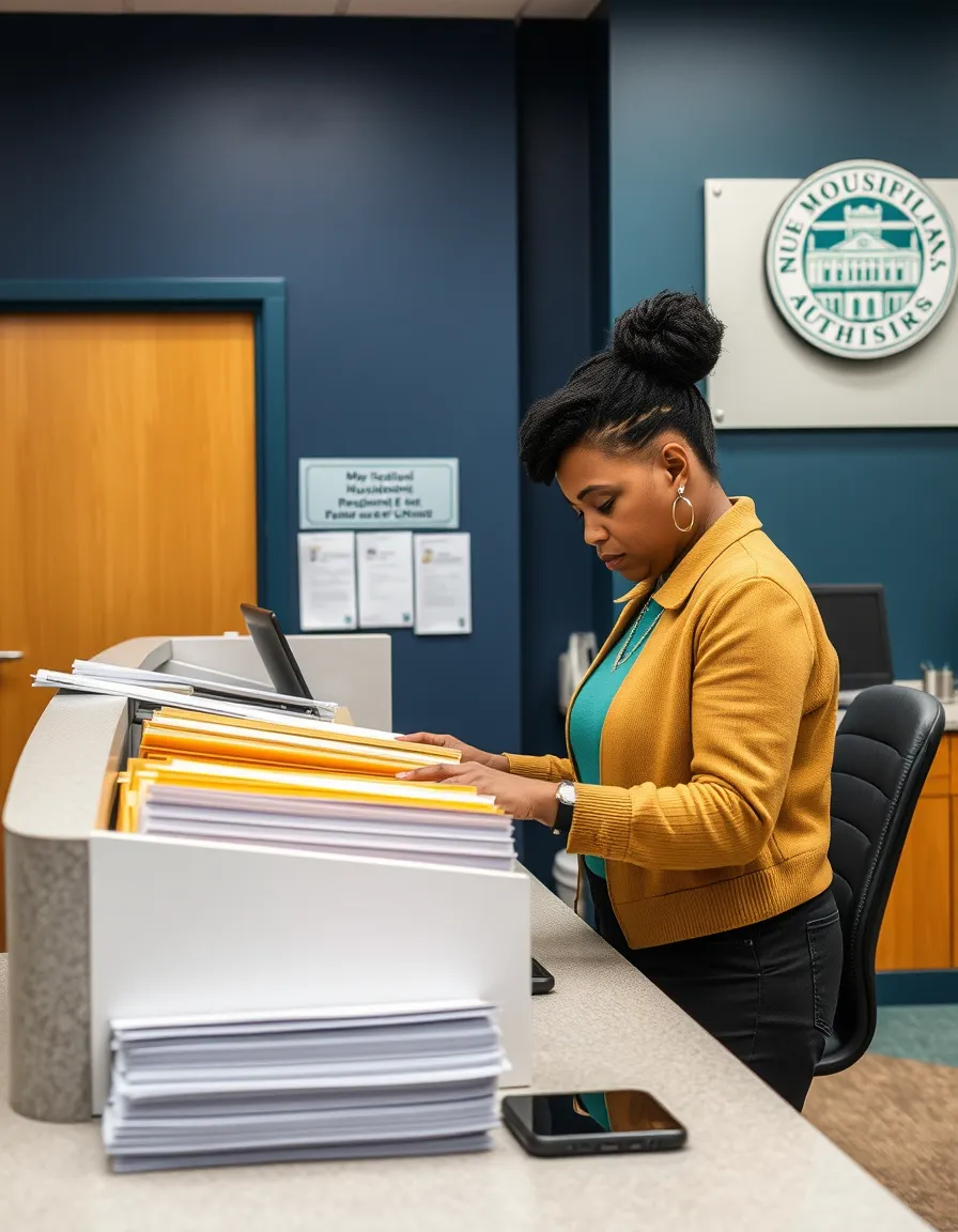 Municipal housing department employee at a government office counter organizing resident file folders