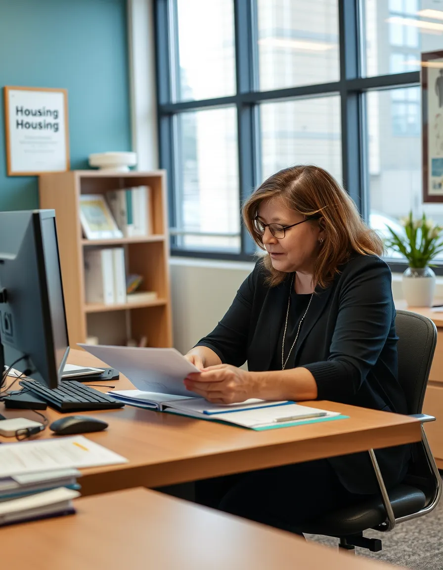 Senior housing services coordinator reviewing a resident care file at a desk in a nonprofit housing office