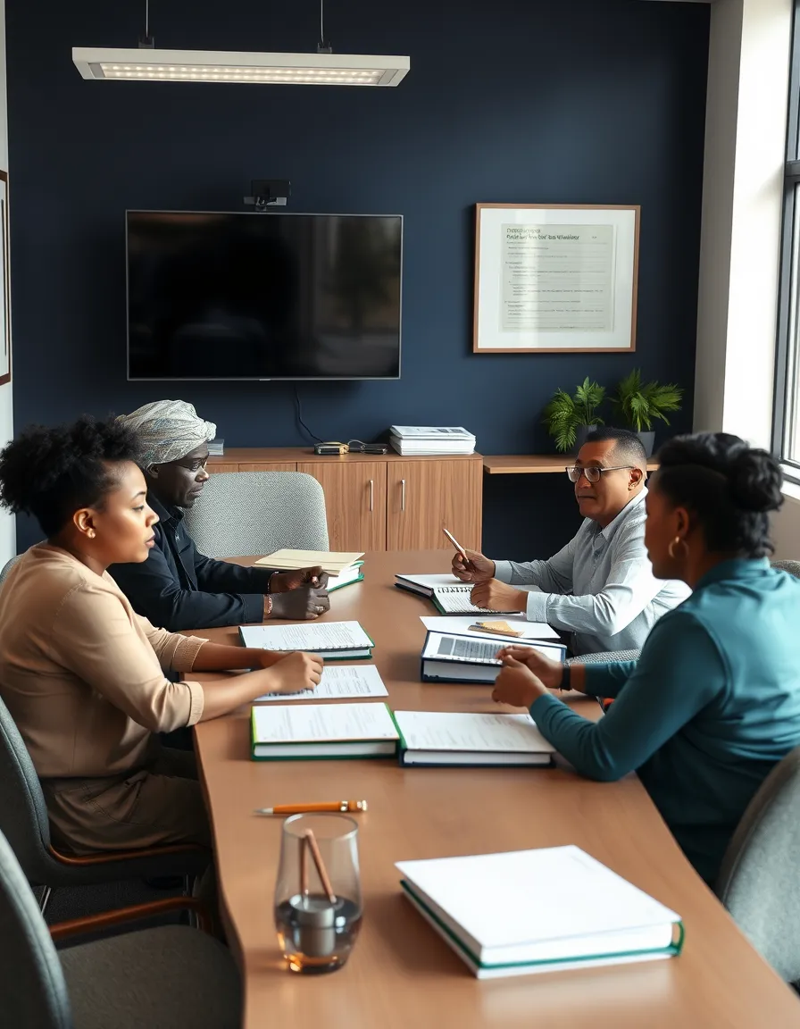 Public housing authority staff around a conference table preparing binders for a HUD compliance review meeting