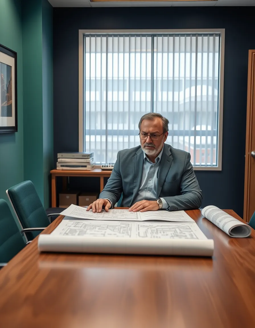 Redevelopment agency administrator reviewing property and contract documents at a conference table with rolled building plans