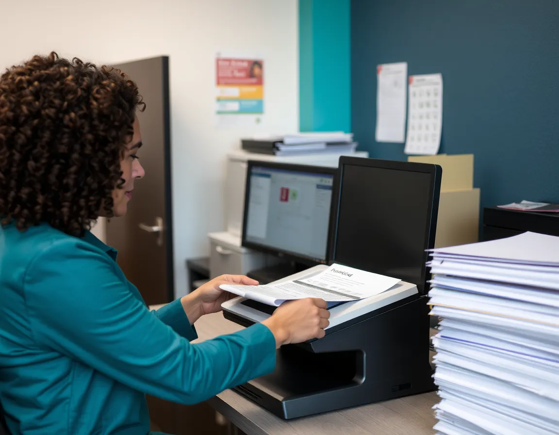 Finance staff member feeding a paper invoice into a desktop scanner in a housing authority back office