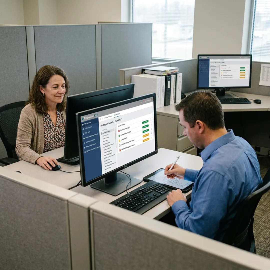 Staff and applicant signing an electronic tenant records form on a large monitor in a housing office