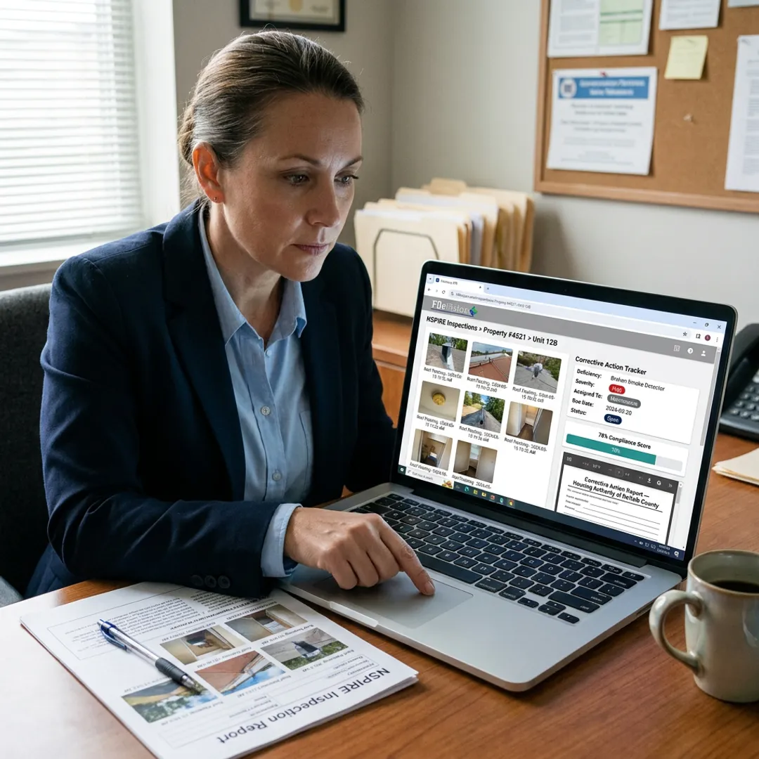 Inspector reviewing an NSPIRE corrective action tracker in FileVision, with the same NSPIRE report open on paper