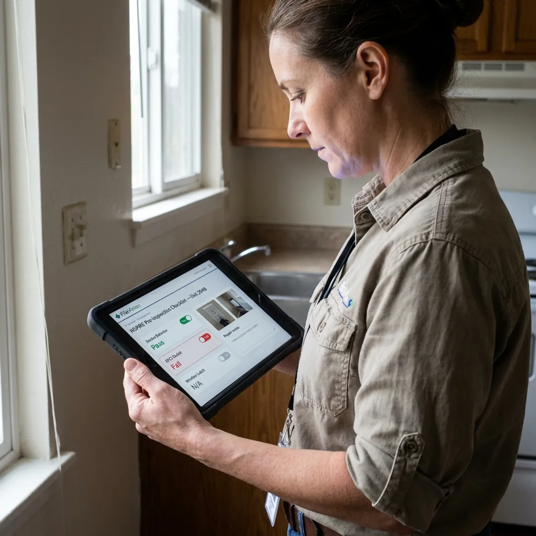 Field inspector completing an NSPIRE pre-inspection checklist on a tablet inside a unit kitchen