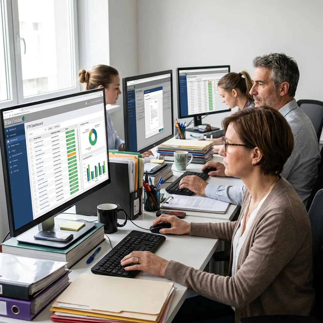 Team of four housing authority staff working simultaneously in the FileVision ETR dashboard