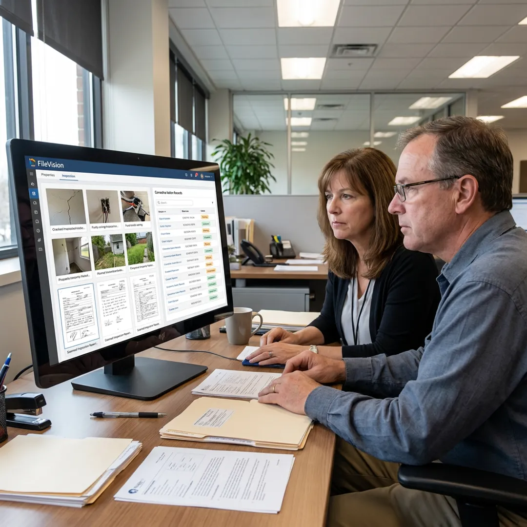 Compliance officer and manager reviewing the ETR NSPIRE Inspections dashboard with a corrective-action tracker