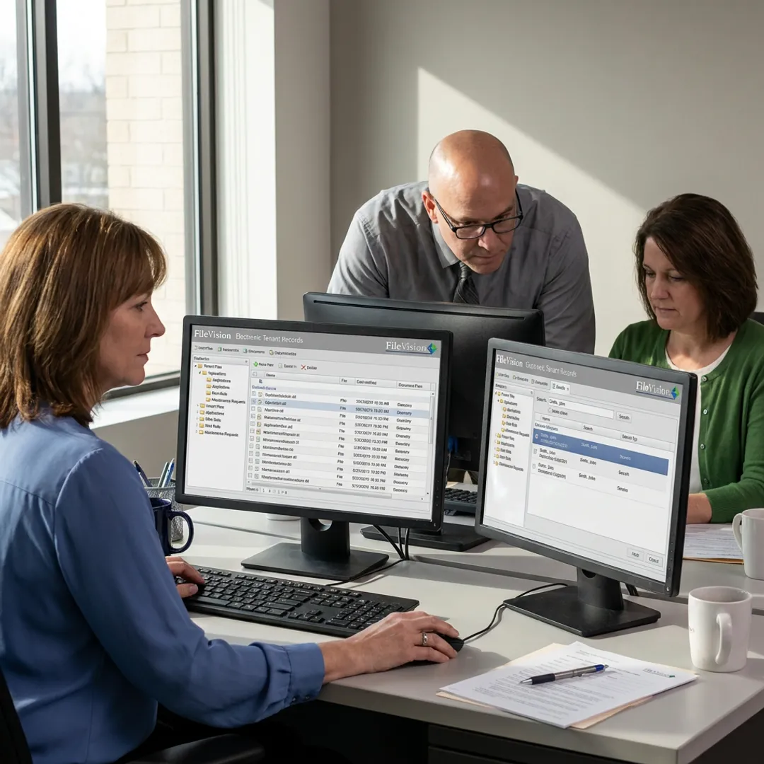 Three affordable-housing staff comparing two FileVision Electronic Tenant Records screens during a case review