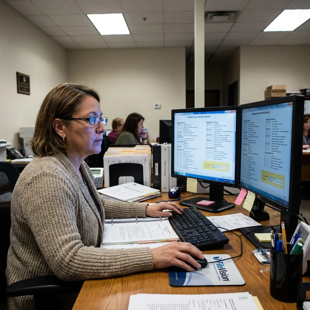HCV specialist reviewing tenant checklists across two monitors with a FileVision workstation