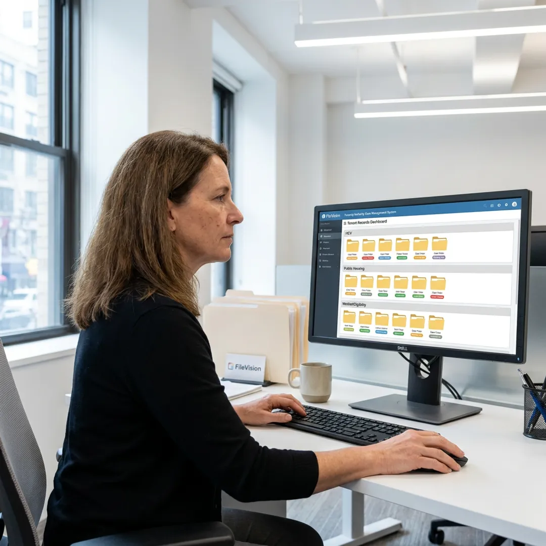 Compliance team walking through an ETR tenant case on twin monitors, discussing a household file transaction