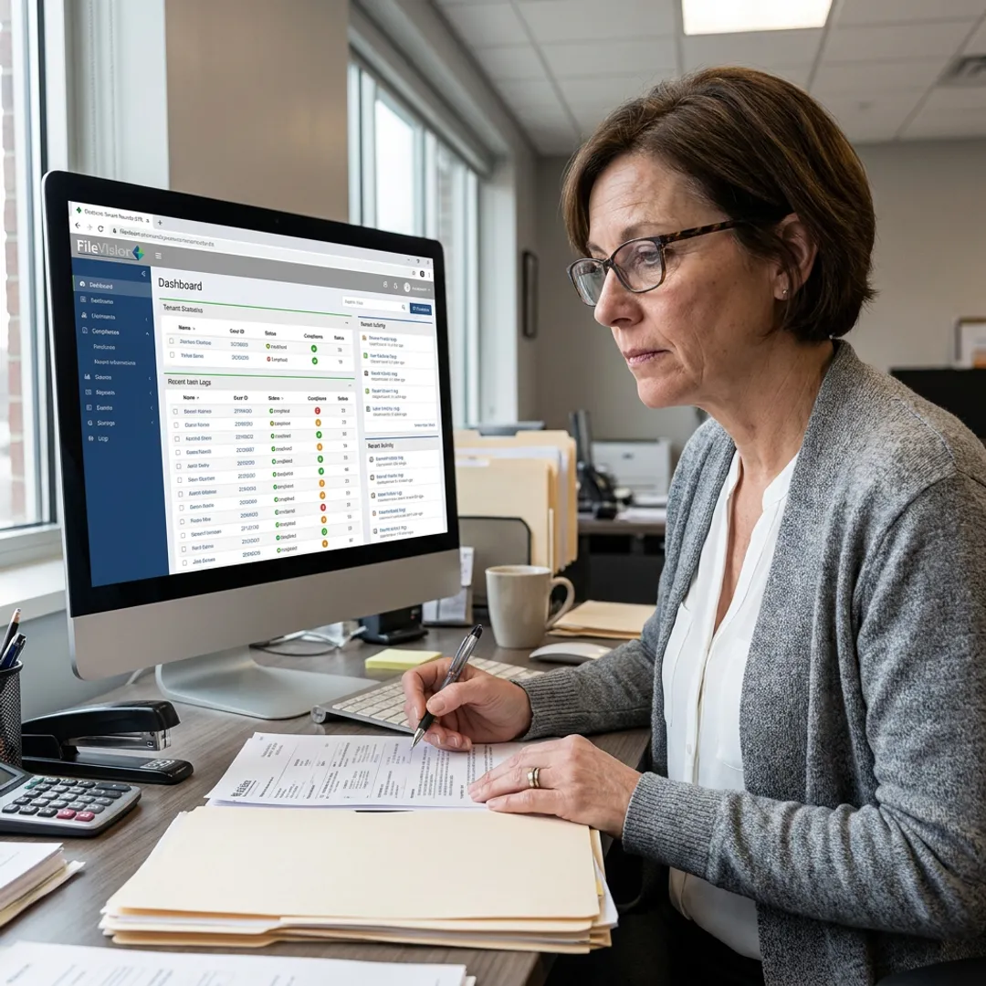 Records manager cross-checking a paper tenant file against the FileVision Dashboard on a desktop monitor